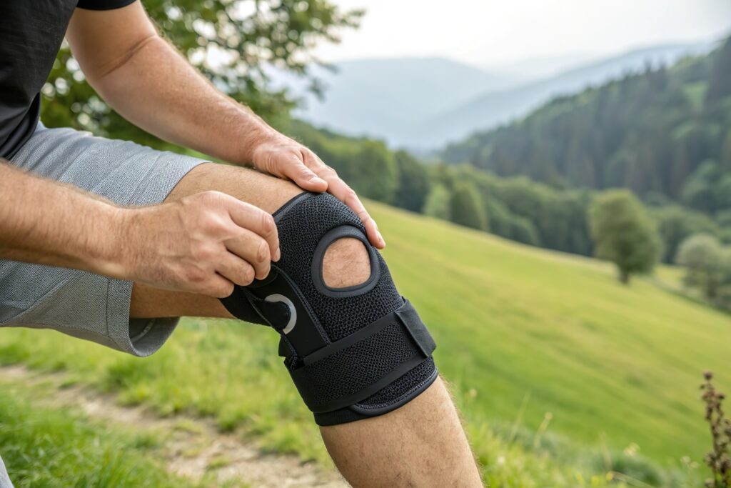 Mann trägt eine Schütze am Knie